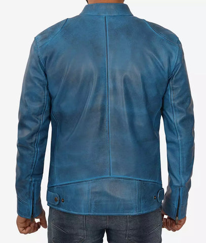 Mens Real Lambskin Leather Blue Cafe Racer Jacket