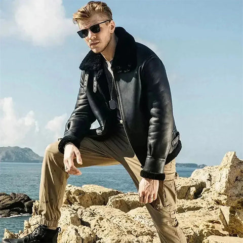 Mens Black Shearling B3 Bomber Aviator Flying Fur Sheepskin Leather Jacket