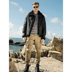 Mens Black Shearling B3 Bomber Aviator Flying Fur Sheepskin Leather Jacket