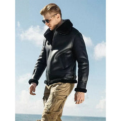 Mens Black Shearling B3 Bomber Aviator Flying Fur Sheepskin Leather Jacket