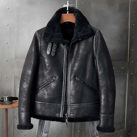 Mens Black Aviator Pilot Sheepskin Shearling B3 Bomber Leather Jacket