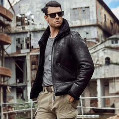 Mens Black Aviator Pilot Sheepskin Shearling B3 Bomber Leather Jacket