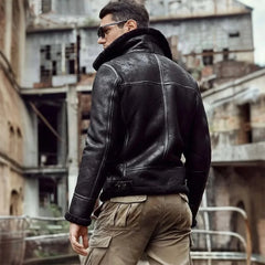 Mens Black Aviator Pilot Sheepskin Shearling B3 Bomber Leather Jacket