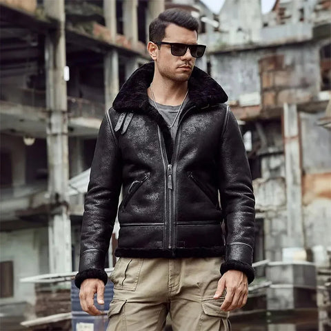 Mens Black Aviator Pilot Sheepskin Shearling B3 Bomber Leather Jacket