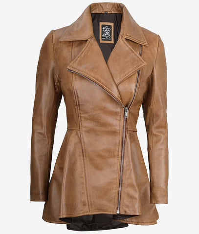 Womens Camel Brown Peplum Leather Jacket