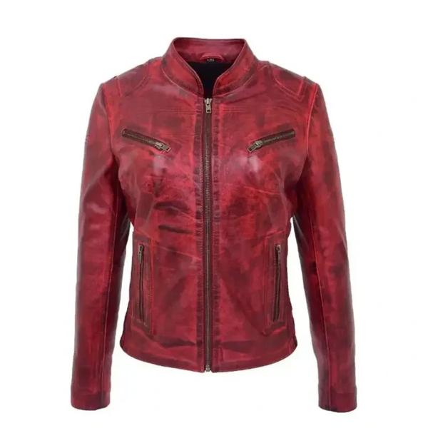 Women Distressed Red Leather Jacket