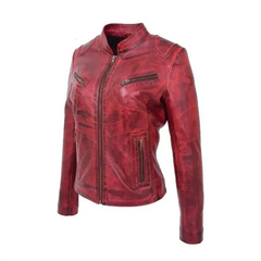 Women Distressed Red Leather Jacket