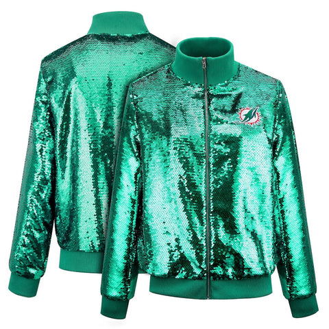 Miami Dolphins Cuce Green Team Sequin Bomber Jacket