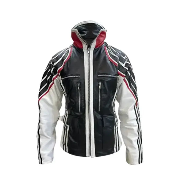 Jin_Kazama_Tekken_8_Leather_Jacket Black, white, and red leather jacket with zippers on a white background