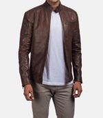 Men’s Brown Leather Jacket With Band Collar