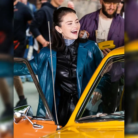 NYC 2025 Selena Gomez Blue Leather Coat