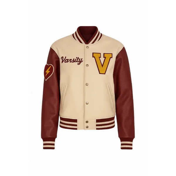 Beige V Wool Varsity Leather Jacket