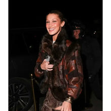 Bella Hadid PFW 2025 Bomber Brown Leather Jacket