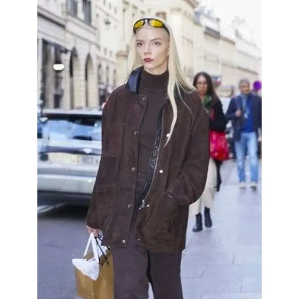 Anya Taylor-Joy PFW Brown Suede Leather Jacket