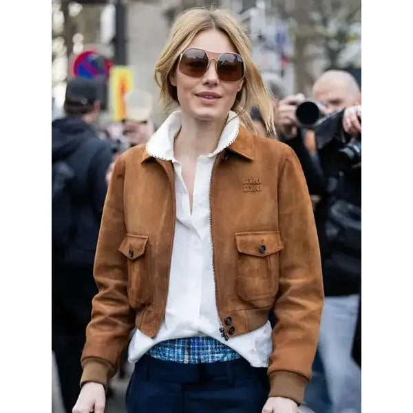 Camille Rowe Paris Fashion Week Brown Leather Jacket