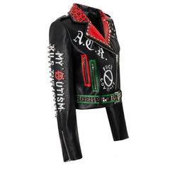 Slim Fit Tide Brand Motorcycle Leather Jacket Women Print Rivet Punk Style