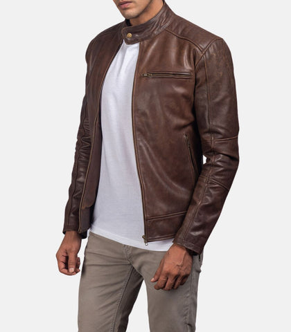 Men’s Brown Leather Jacket With Band Collar