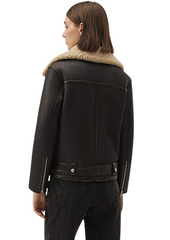 Matte Black Shearling Leather Jacket Women