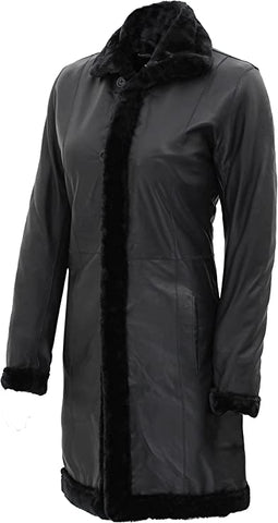 Black Leather Shearling Long Jacket For Women