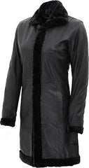 Black Leather Shearling Long Jacket For Women