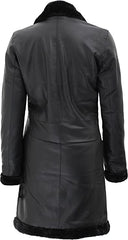 Black Leather Shearling Long Jacket For Women