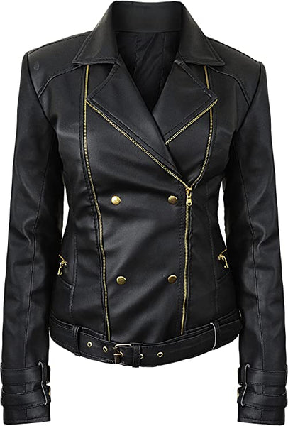 Leather Biker Jacket Women PA218090, Black