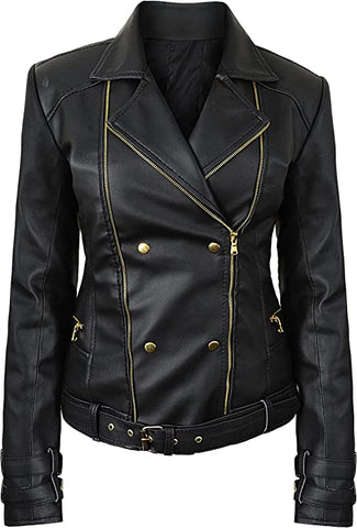 Leather Biker Jacket Women PA218090, Black