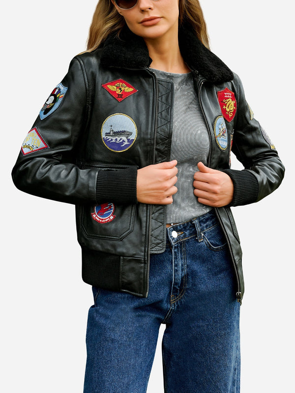 Candace Black Leather Aviator Jacket