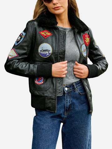 Candace Black Leather Aviator Jacket
