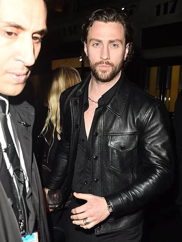 Aaron Taylor Bullet Train Black Trucker Leather Jacket