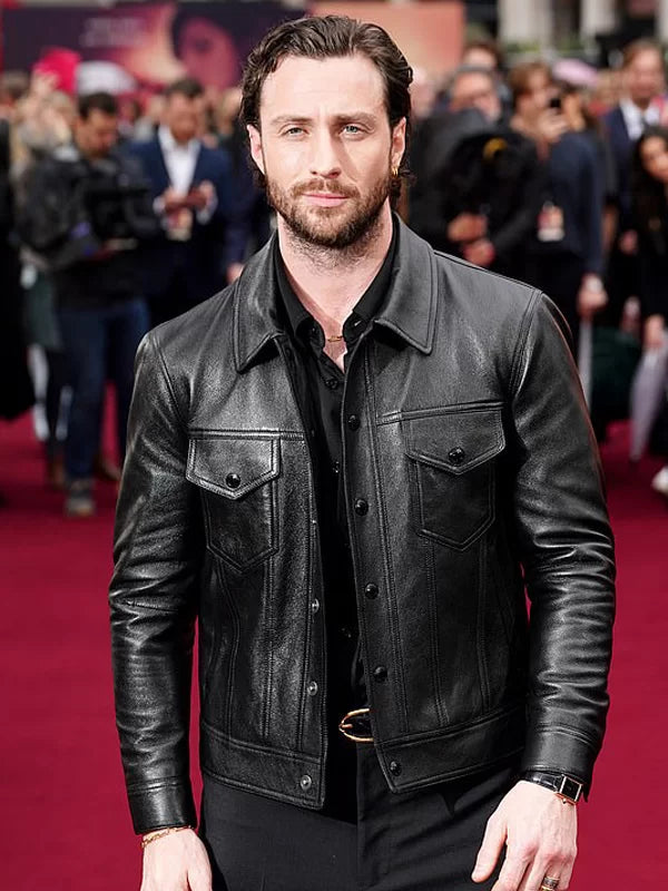 Aaron Taylor Bullet Train Black Trucker Leather Jacket