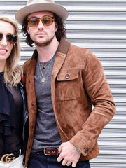 Aaron Taylor-Johnson Fashion Show Brown Suede Leather Jacket