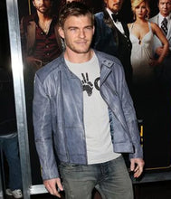 Alan Ritchson Biker Blue Leather Jacket