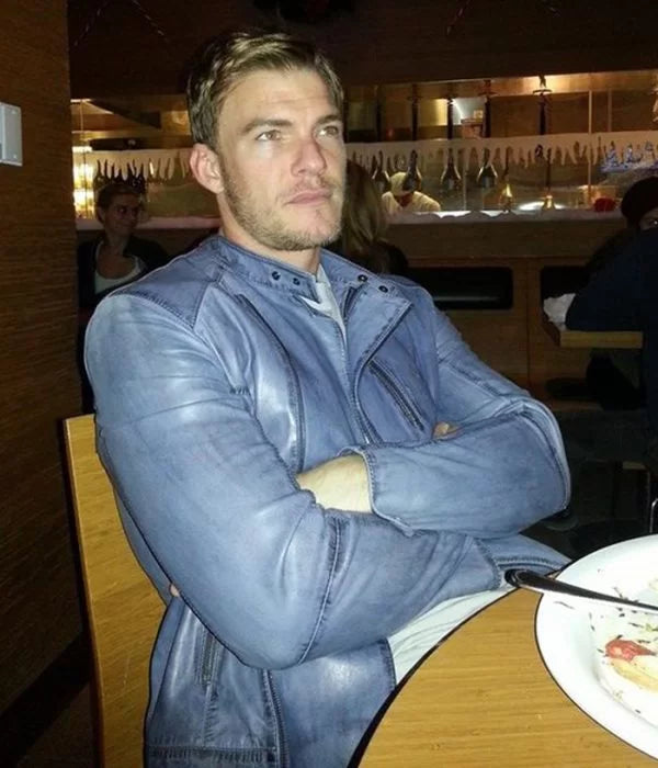 Alan Ritchson Biker Blue Leather Jacket