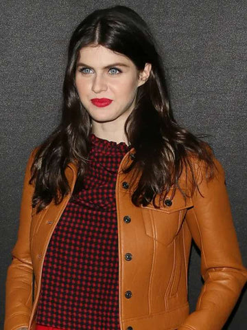 Alexandra Daddario Brown Leather Jacket With Fur Trim