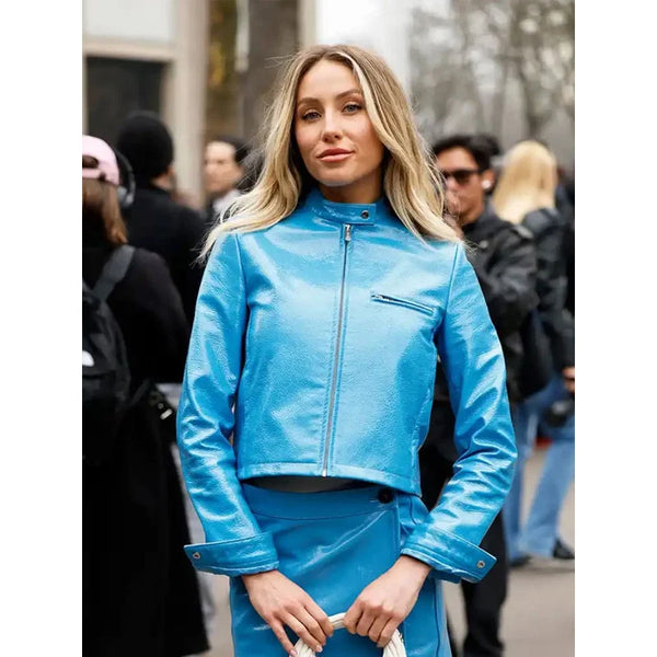 Alix Earle PFW 2025 Blue Leather Jacket