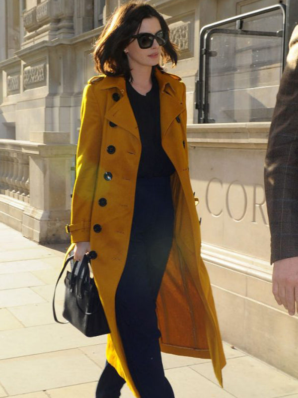 Anne Hathaway Chic Yellow Trench Coat London