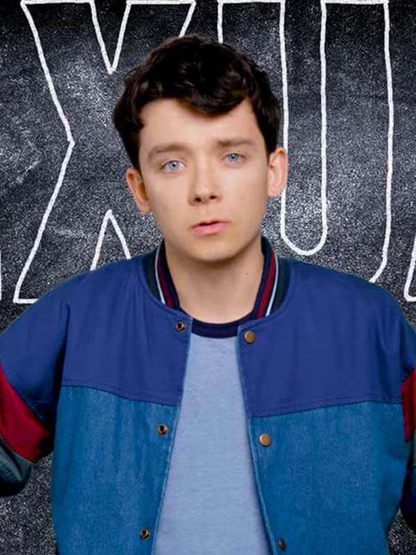 Asa Butterfield Education Blue Varsity Jacket
