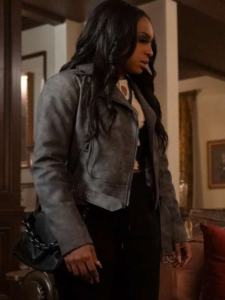 Kimmie Beauty in Black 2024 Grey Leather Jacket