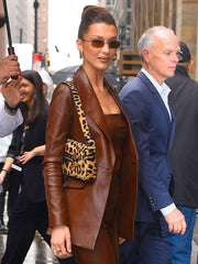 Bella Hadid NYC Brown Leather Jacket