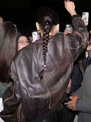 Bella Hadid 2025 Brown Leather Jacket