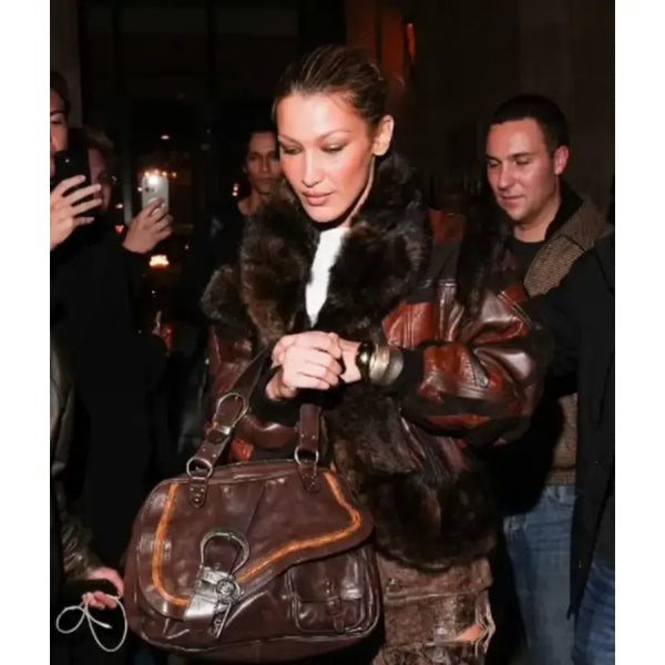 Bella Hadid PFW 2025 Bomber Brown Leather Jacket
