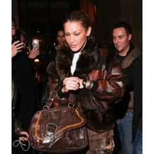 Bella Hadid PFW 2025 Bomber Brown Leather Jacket