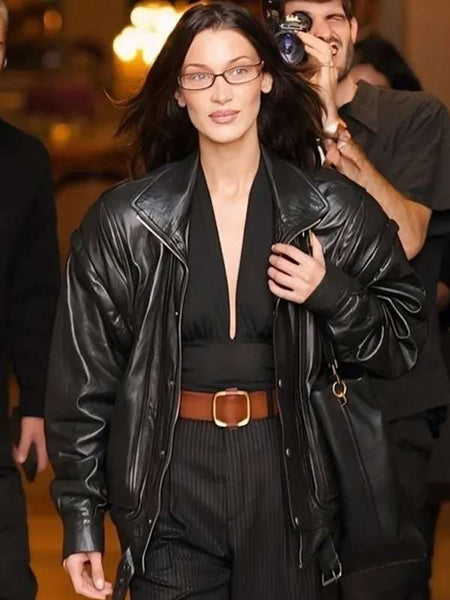 Bella Hadid PFW 2024 Black Leather Jacket