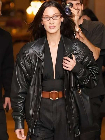 Bella Hadid PFW 2024 Black Leather Jacket