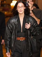 Bella Hadid PFW 2024 Black Leather Jacket