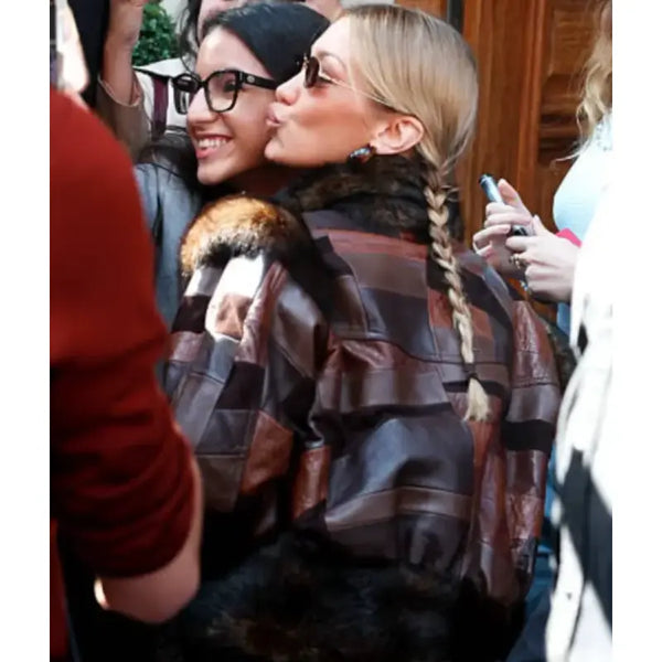 Bella Hadid PFW 2025 Bomber Brown Leather Jacket