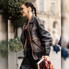 Bella Hadid Paris Distressed Brown Leather Jacket