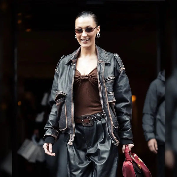 Bella Hadid Paris Distressed Brown Leather Jacket