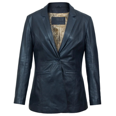 Stylish Fitted Leather Blazer Women Blue